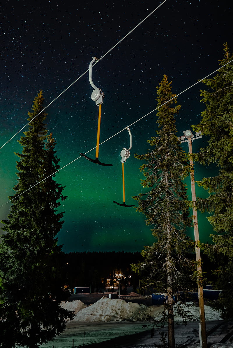 northern lights, night, nature, trees, ski lift, HD phone wallpaper