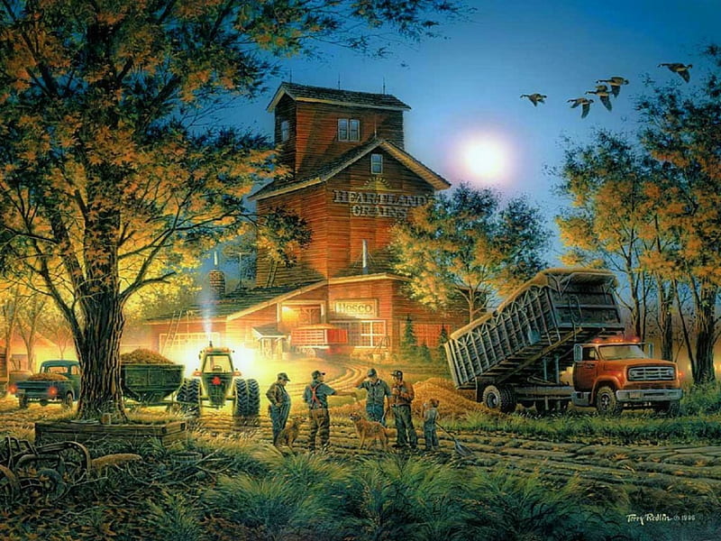 ★Bountiful Harvest★, architecture, autumn, farms, bountiful, attractions in dreams, pick-up, most ed, seasons, farm, paintings, people, trucks, animals, flying birds, harvest, fall season, love four seasons, creative pre-made, trees, weird things people wear, HD wallpaper