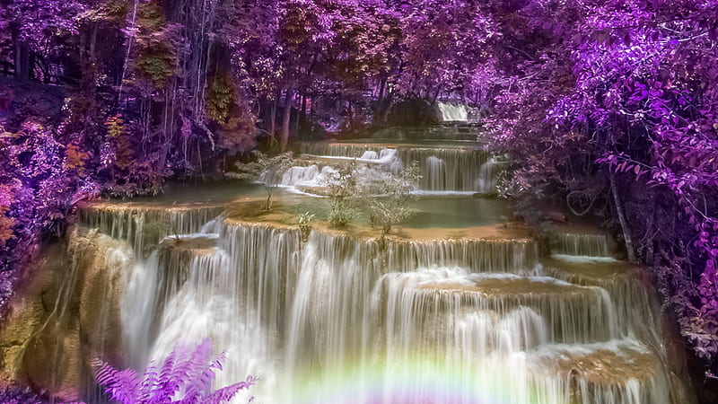 Thailand Park Waterfall, Water, Purple, Flowering Trees, Waterfalls, Cascading Falls, Park, Rocks, Nature, Rainbow, HD wallpaper