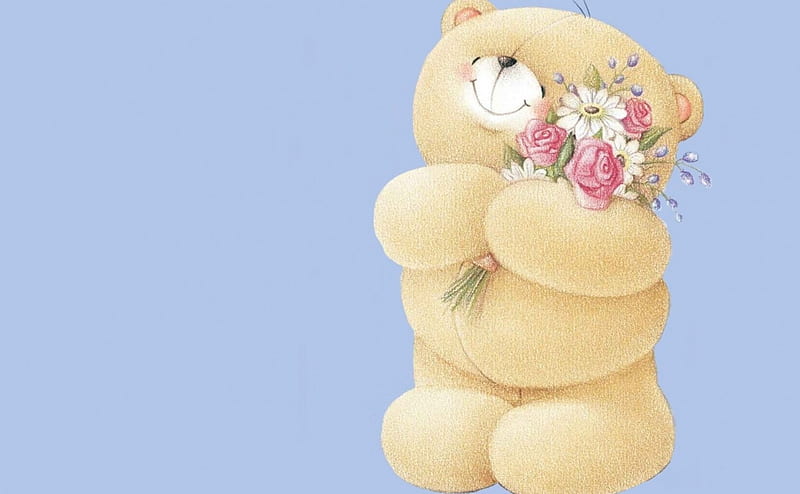 Flowers for you!, toy, valentine, card, cute, bouquet, flower, teddy bear, pink, blue, HD wallpaper