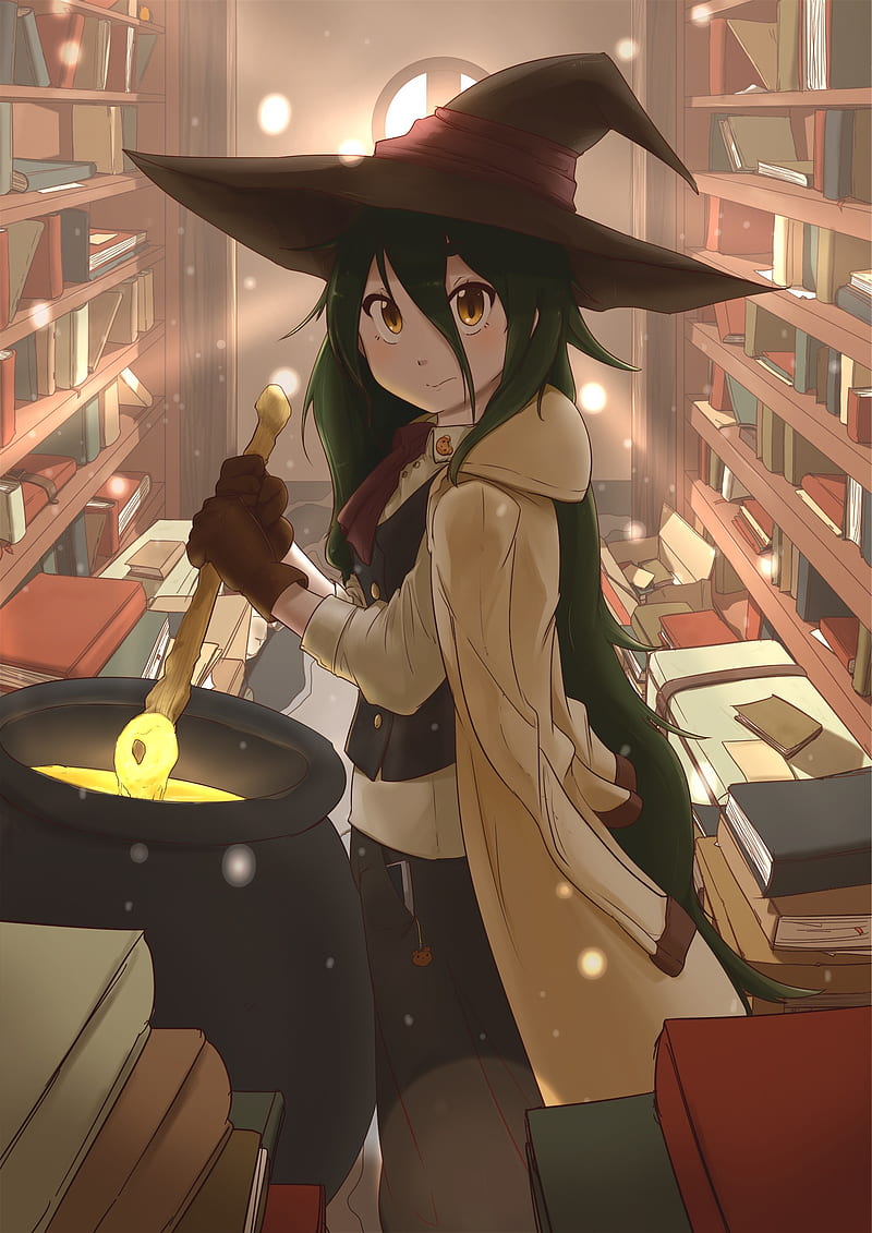 anime, anime girls, witch, witch hat, long hair, green hair, brown eyes, books, HD phone wallpaper