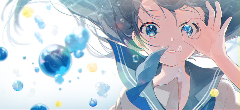 Anime girl, falling down, bubbles, underwater, Anime, HD phone wallpaper