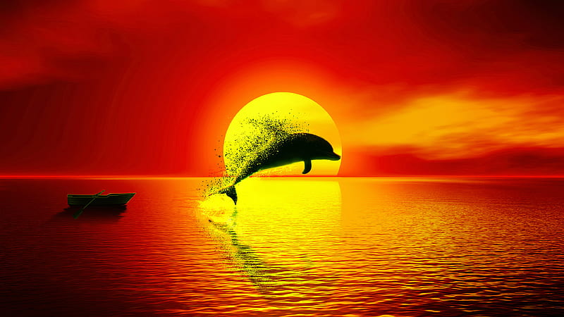Dolphin Dispersion Sunset , dolphin, artist, artwork, digital-art, sunset, artstation, HD wallpaper