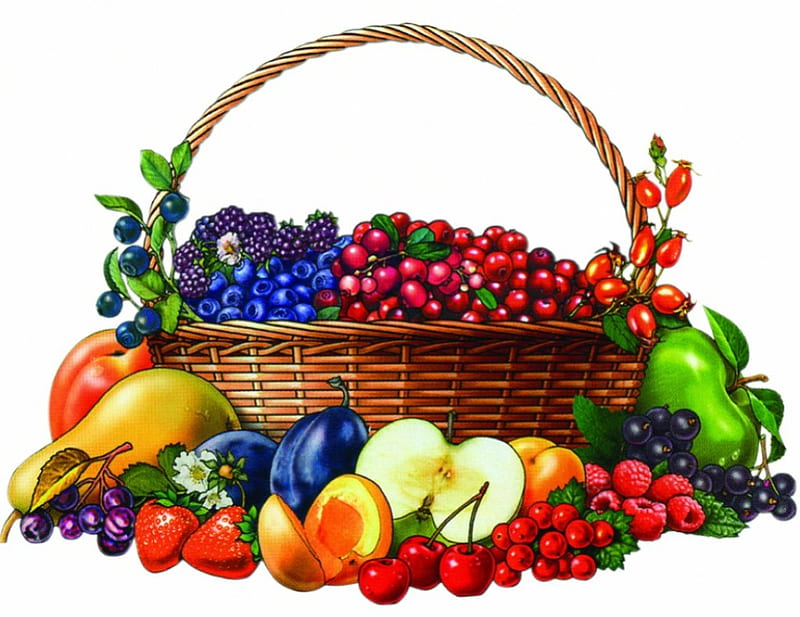 Basket with fruits, fruit, health, food, basket, eat, HD wallpaper
