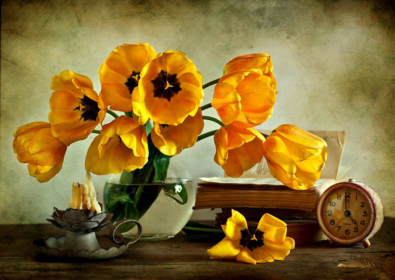 Sunshine Yellow, candle, still life, yellow tulips, books, flowers, clock, tulips, candleholder, HD wallpaper