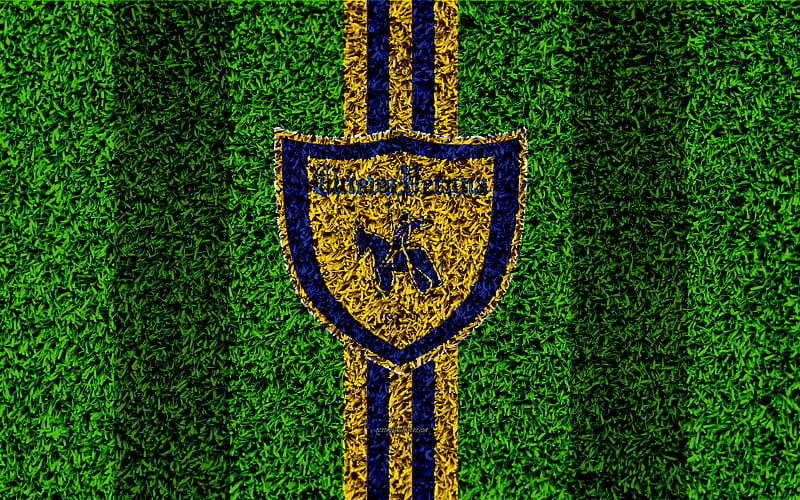 Chievo Verona FC logo, football lawn, Italian football club, blue yellow lines, emblem, grass texture, Serie A, Chievo, Italy, football, HD wallpaper