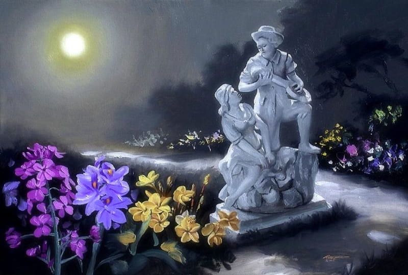 Moonlight Serenade Statue, moons, pretty, lovely, romantic, colors, love four seasons, bonito, attractions in dreams, trees, statues, paintings, flowers, garden, nature, HD wallpaper