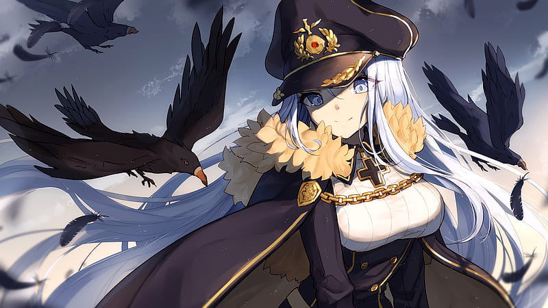 Anime girl, raven, military uniform, hat, birds, Anime, HD wallpaper |  Peakpx
