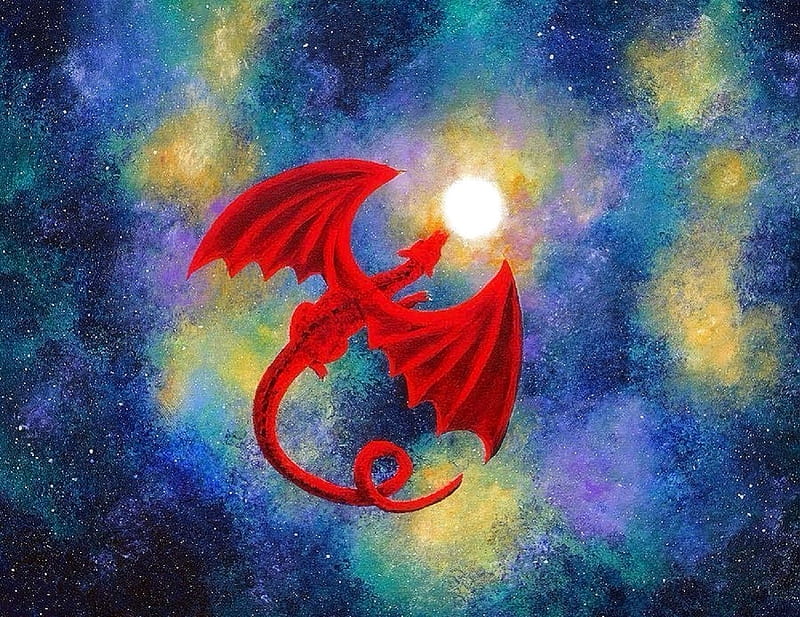 Red Dragon in Cosmic, moons, colorful, draw and paint, aurora, love four seasons, attractions in dreams, sky, dragon, paintings, moonlight, nature, HD wallpaper