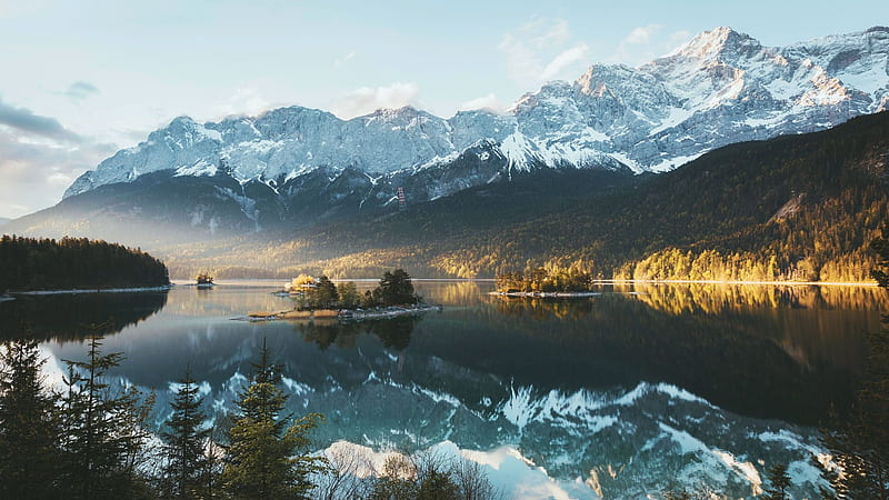 Lake Eibsee touched by first light, trees, clouds, germany, landscape, sky, mountains, alps, bavaria, HD wallpaper