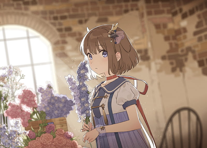 anime girl, short hair, room, purple lavender, horns, Anime, HD wallpaper