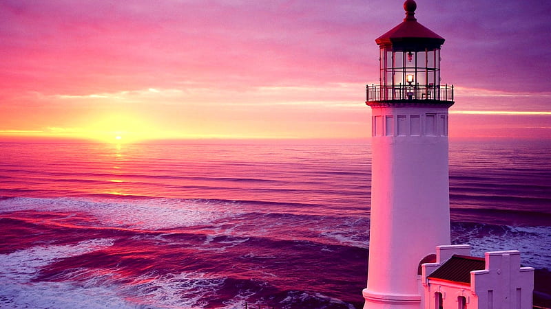 A lighthouse next to a calm beach at sunset, glow, sun, shore, cloud, ocean, sunset, sky, clouds, sea, lighthouse, beach, water, gold, pink, light, coast, HD wallpaper