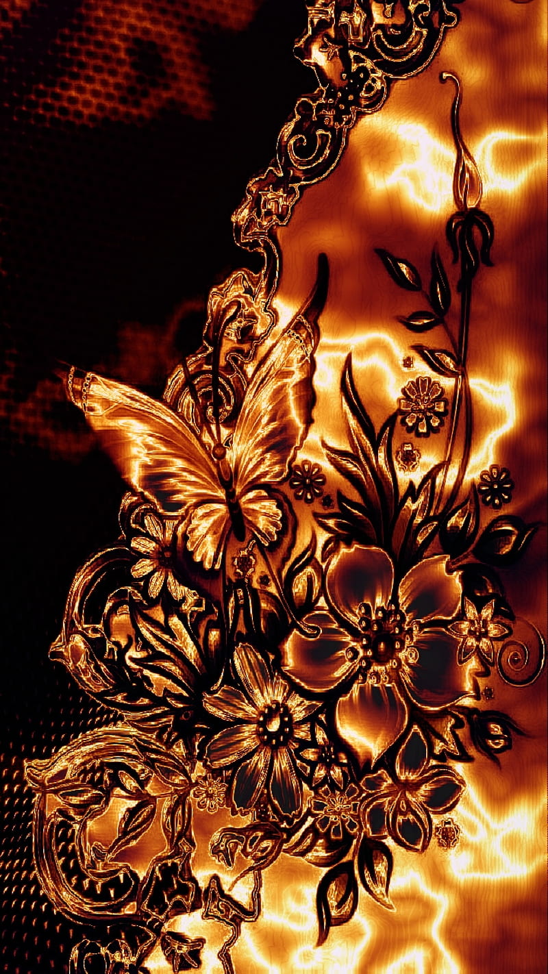 Fiery, butterfly, fire, flames, flowers, garden, heart, heat, red, HD phone wallpaper