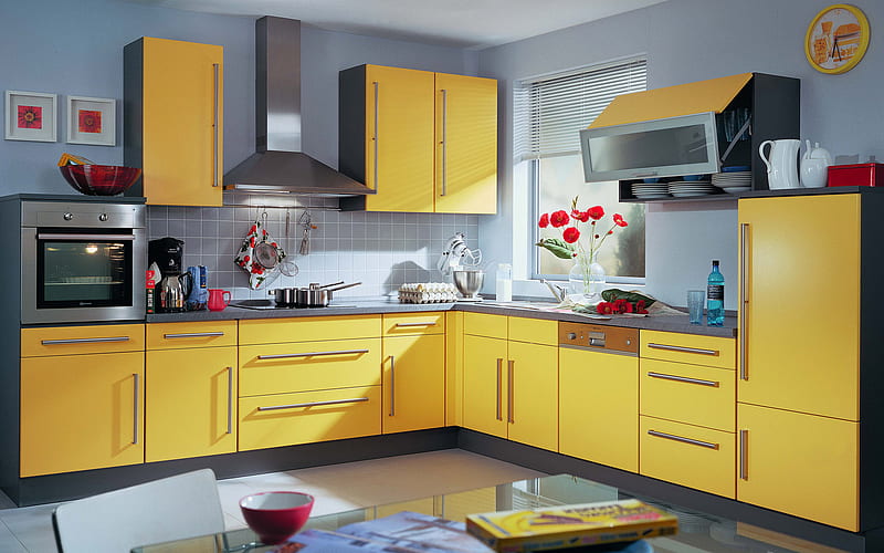 Spring-kitchen, architecture, red, house, yellow, sunny, spring, wall, kitchen, , flowers, colours, room, counters, HD wallpaper