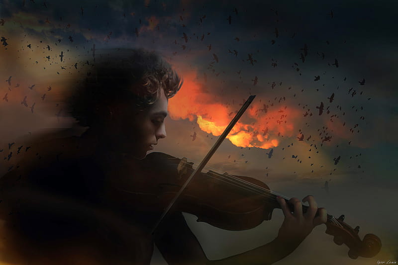 Melancholy.., violin, boy, dark, music, sad, sunset, HD wallpaper