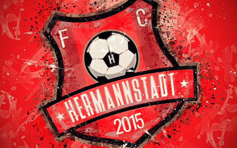 FC Hermannstadt paint art, logo, creative, Romanian football team, Liga 1, emblem, red background, grunge style, Sibiu, Romania, football, HD wallpaper