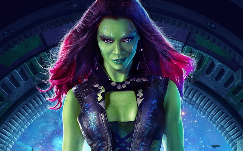 Zoe Saldana as Gamora, Zoe Saldana, movie, woman, Guardians of the Galaxy, fantasy, Gamora, girl, green, actress, pink, blue, HD wallpaper
