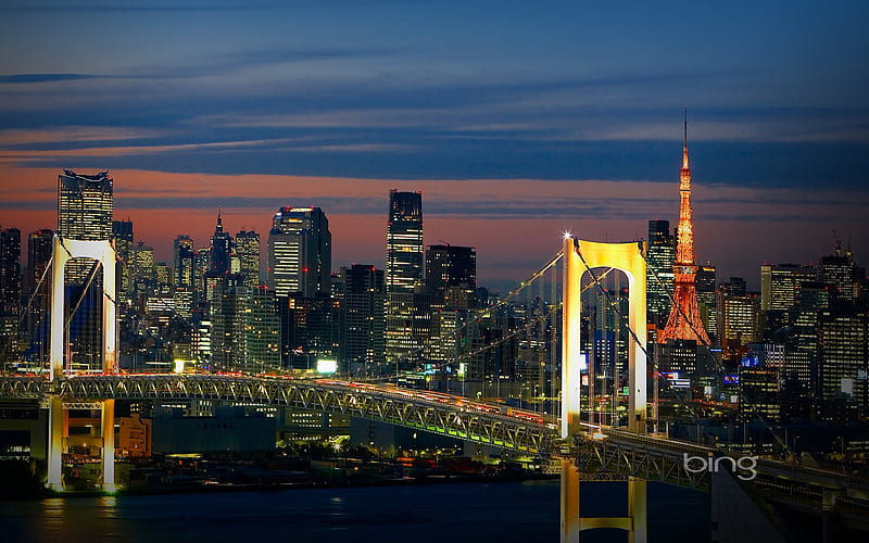 Rainbow Bridge and Tokyo Skyline Japan, HD wallpaper