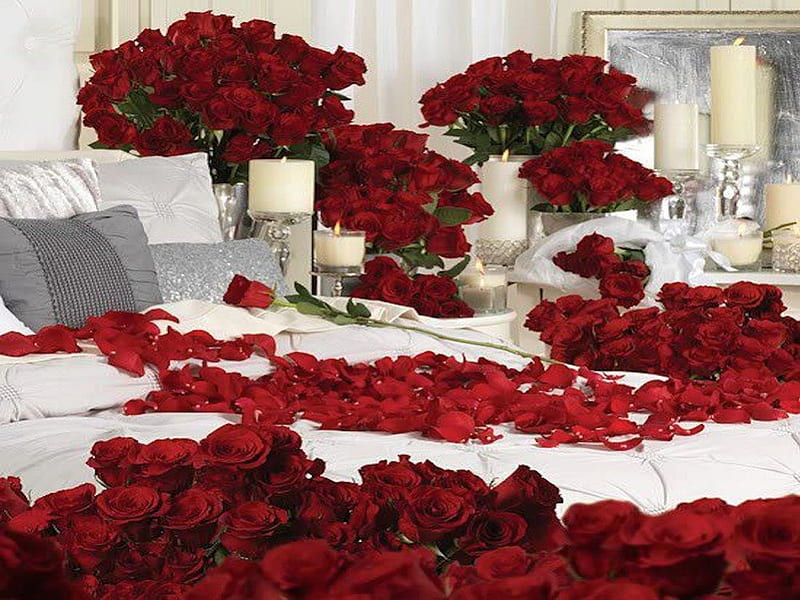 Bed of Roses, red, romantic, bedroom, roses, bed, candles, HD wallpaper