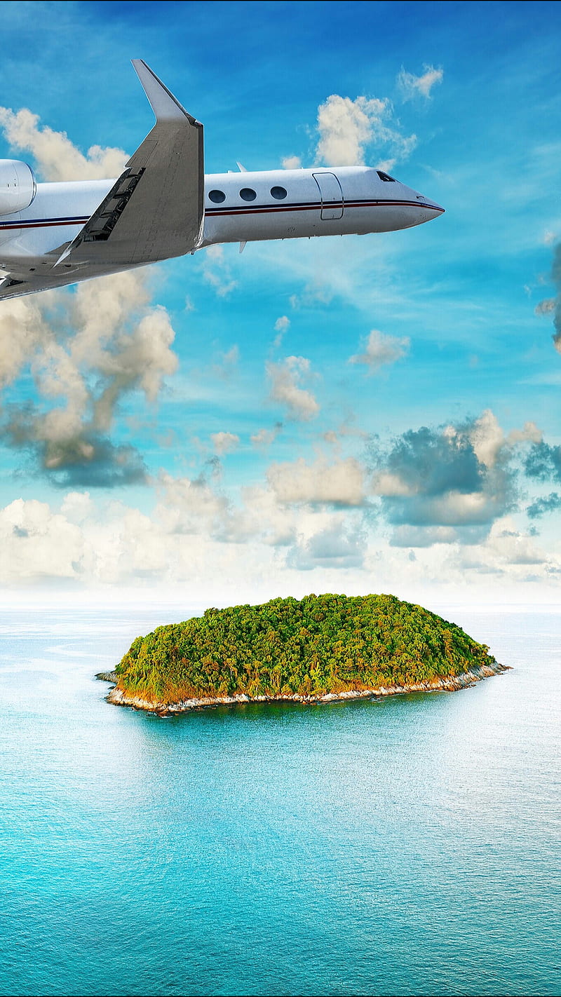 Travel, air, cloud, island, nature, plane, sea, sky, tree, water, HD phone wallpaper
