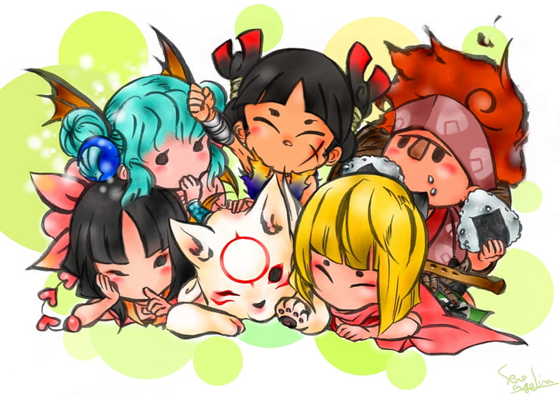 Chibiterasu & friends, nanami, kurow, kagu, children, capcom, sweet, okami, okamiden, chibi, kagura, cute, clover, kuni, amaterasu, wolf, manpuku, white, HD wallpaper