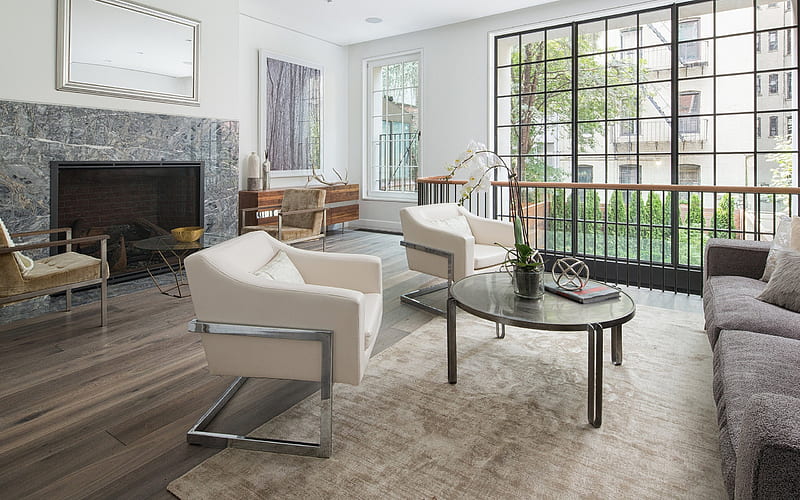 living room, stylish interior design, fireplace, white walls, modern interior, HD wallpaper