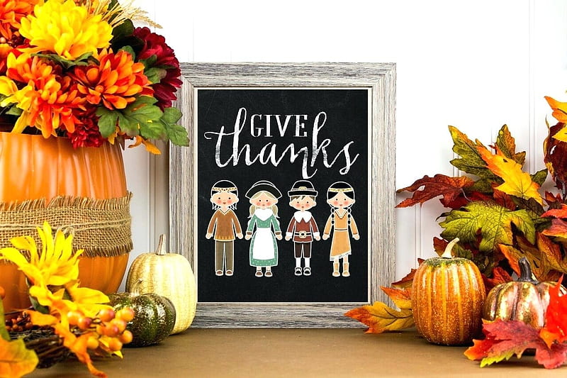 Thanksgiving, Fall, chalkboard, frame, Pilgrims, still life, leaves, flowers, indians, Autumn, figures, pumpkins, HD wallpaper