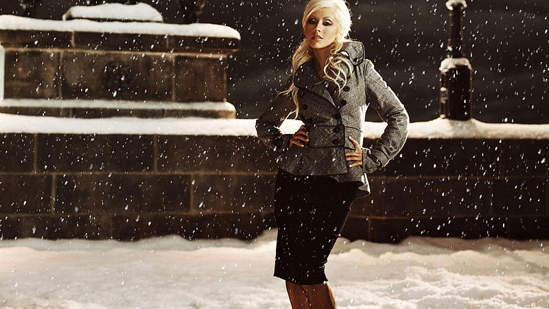 Christina Aguilera, hot, snow, blonde, woman, singer, HD wallpaper