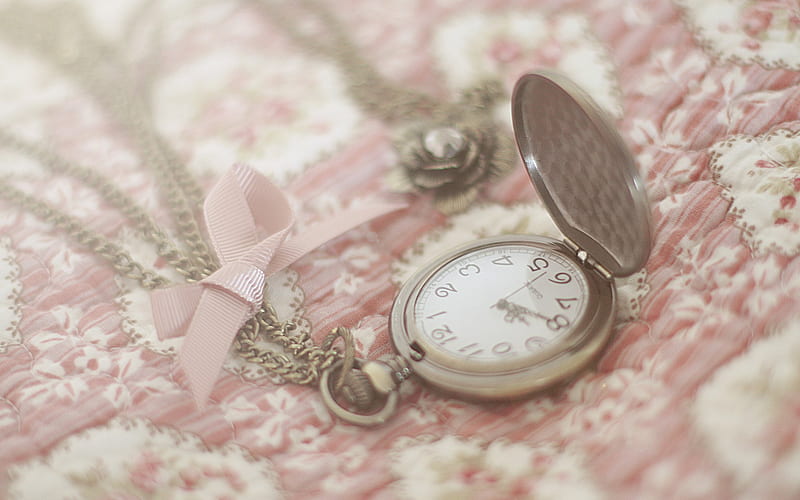 pocket watch, time, ribbon, clock, quilt, bed, jewelry, patchwork quilt, pink, HD wallpaper