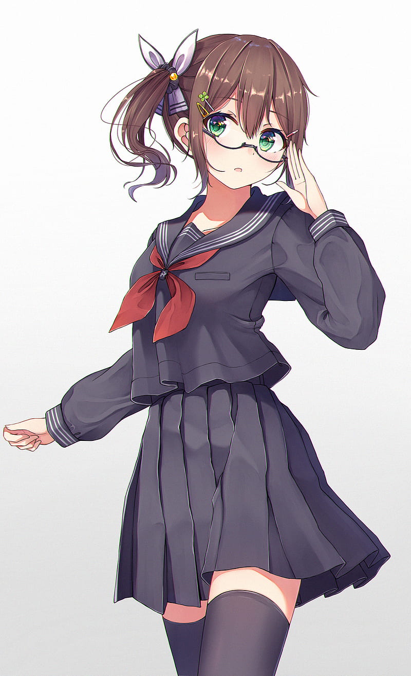 Anime girls, brunette, Side ponytail, vertical, green eyes, glasses, school  uniform, HD phone wallpaper | Peakpx