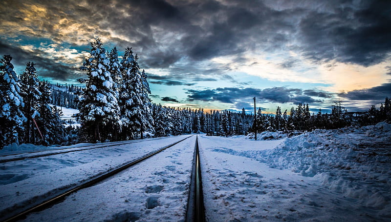 Railroad Track in Winter, hills, forest, snow, clouds, firs, landscape, HD wallpaper