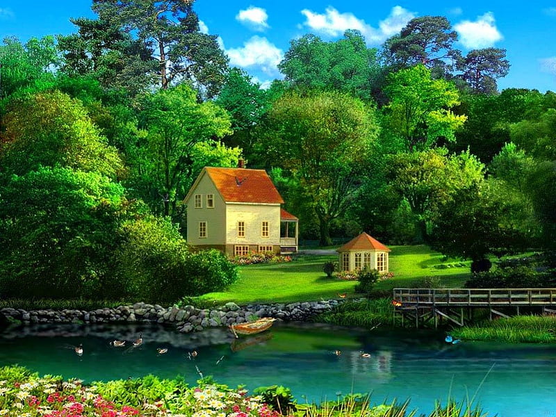 Peaceful place, shore, house, riverbank, grass, cabin, clouds, countryside, boat, bright, village, flowers, greenery, sky, trees, water, serenity, colorful, cottage, villa, green, river, blue, forest, calmness, clear, place, emerald, lake, slope, peaceful, summer, nature, gazebo, HD wallpaper