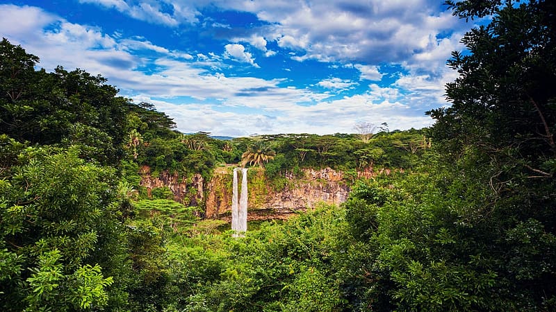 Chamarel Waterfall, Maurice, river, clouds, landscape, trees, sky, cliff, rocks, HD wallpaper