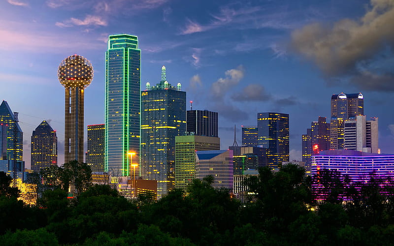Dallas, evening, skyscrapers, Dallas cityscape, Bank of America Plaza, Reunion Tower, Renaissance Tower, Dallas skyline, Texas, USA, HD wallpaper