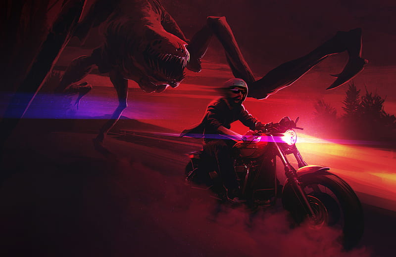 Creepy Creature Chasing Biker, HD wallpaper