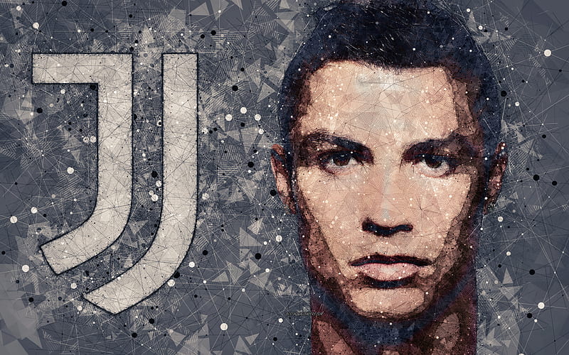 Cristiano Ronaldo, Juventus FC geometric art, face, Italy, Serie A, creative art, Portuguese footballer, new Juventus logo, football, HD wallpaper