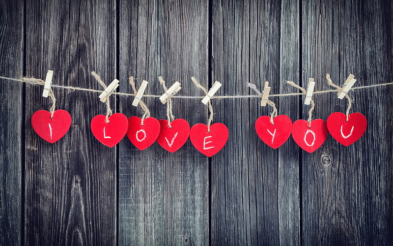 I love you Valentine Day, corazones, wooden background, creative, HD wallpaper