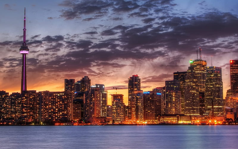 Toronto, sunset, skyscrapers, evening city, metropolis, Canada, HD wallpaper