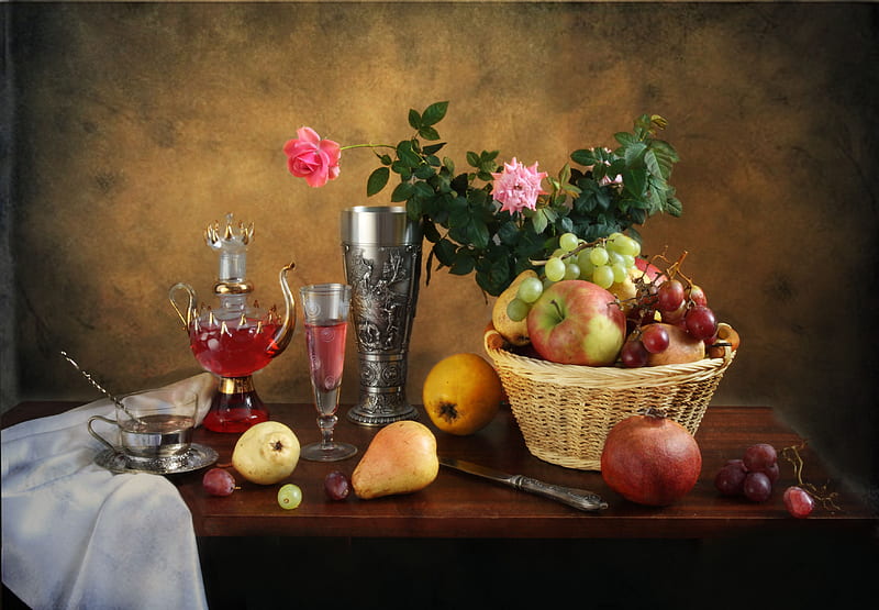 still life, pretty, rose, bonito, old, fruit, graphy, nice, flowers, drink, harmony, apple, pear, lovely, pomegranate, wine, roses, grape, glass, cool, bouquet, basket, flower, HD wallpaper