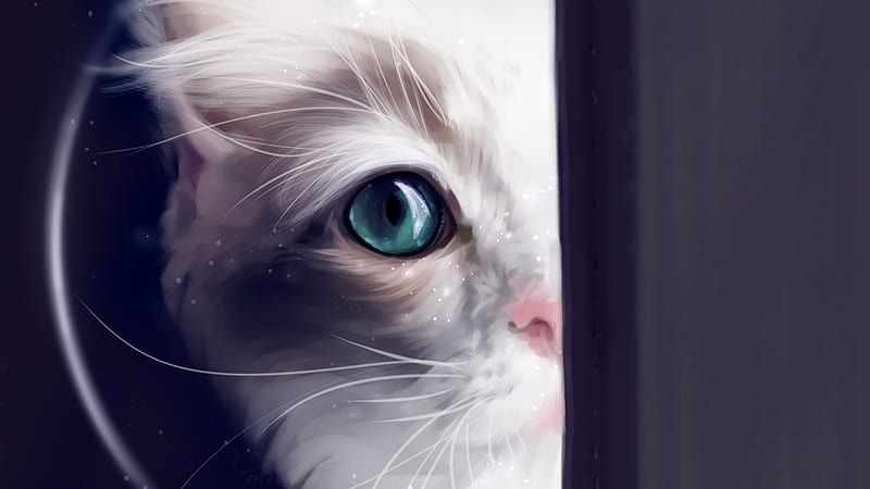 Cat Behind Green Eyes, cat, animals, artist, artwork, digital-art, HD wallpaper