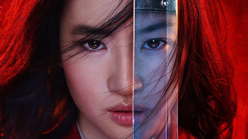 Mulan (2020), face, movie, yifei liu, red, poster, sword, HD wallpaper