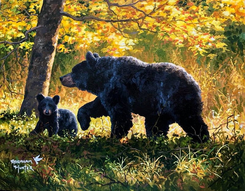 Autumn Stroll, forest, leaves, tree, painting, colors, bears, pup, artwork, HD wallpaper