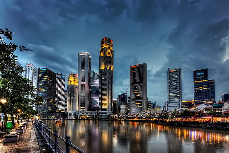 Singapore, river, lights, skyscrapers, HD wallpaper