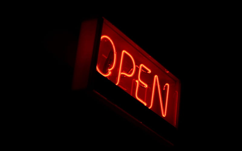 Light sign open, red neon light, open sign, Black background, signs for shops, HD wallpaper