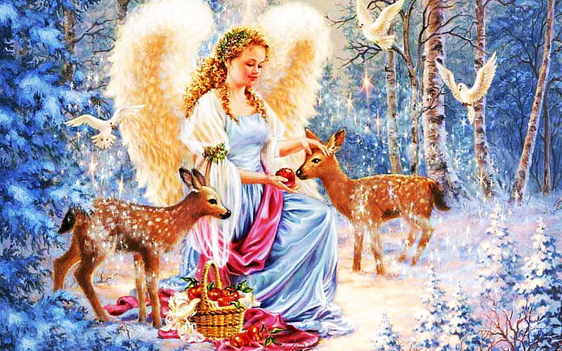 Christmas Angel, forest, wings, snow, birds, artwork, deer, HD wallpaper