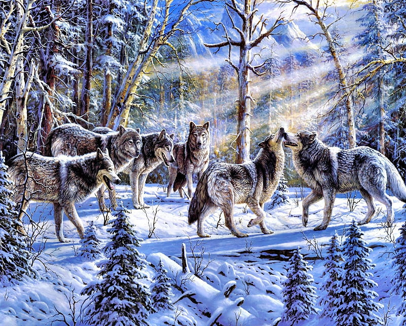 Wolves, painting, savage, snow, trees, winter, wolf, HD wallpaper