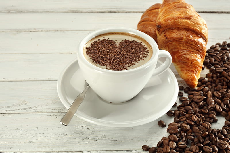 Coffee and Croissants, delicious, food, drinks, beans, sweet, bakery, coffee, drink, croisant, HD wallpaper
