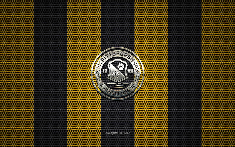 Pittsburgh Riverhounds SC logo, American soccer club, metal emblem, yellow-black metal mesh background, Pittsburgh Riverhounds SC, USL, Pittsburgh, Pennsylvania, USA, soccer, HD wallpaper