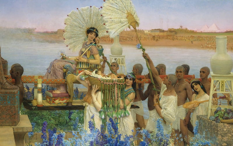 The finding of Moses, art, luminos, umbrella, woman, people, painting, river, parasol, pictura, lawrence alma-tadema, finding moses, HD wallpaper