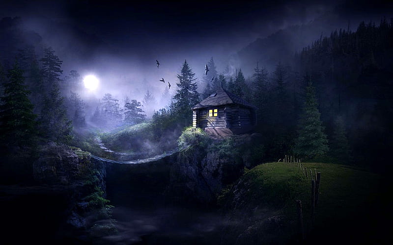 Foggy Forest, moons, houses, love four seasons, attractions in dreams, creative pre-made, digital art, fantasy, manipulation, nature, forests, night, HD wallpaper
